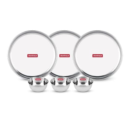 Storehaus Stainless Steel 3pc Thalis and 3pc Katoris Kitchenware Set Ideal for Home, Restaurants and Family Use, Silver
