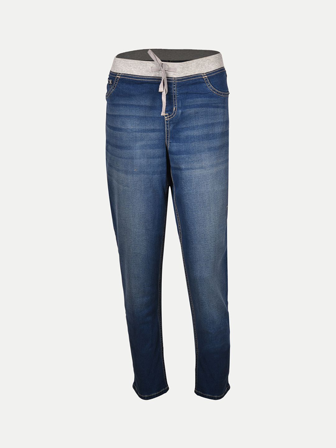 Women Blue Denim Knitted Rib Waist Casual Pant