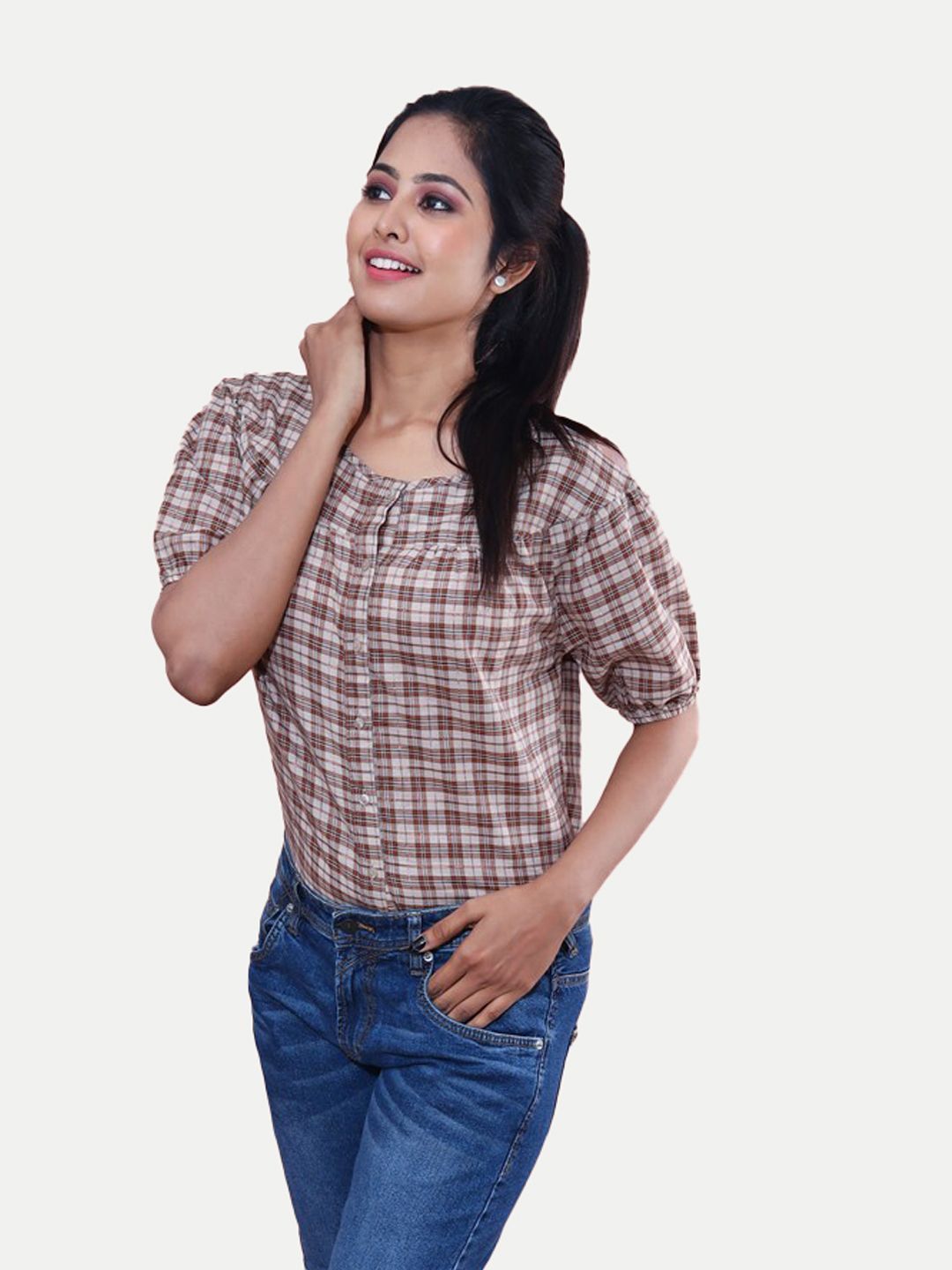 Women Beige Casual Gingham Print Shirt