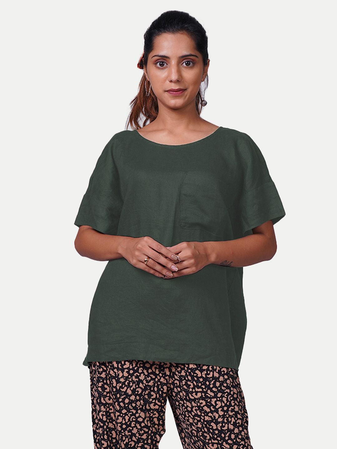 Women solid casual Green Linen Tops