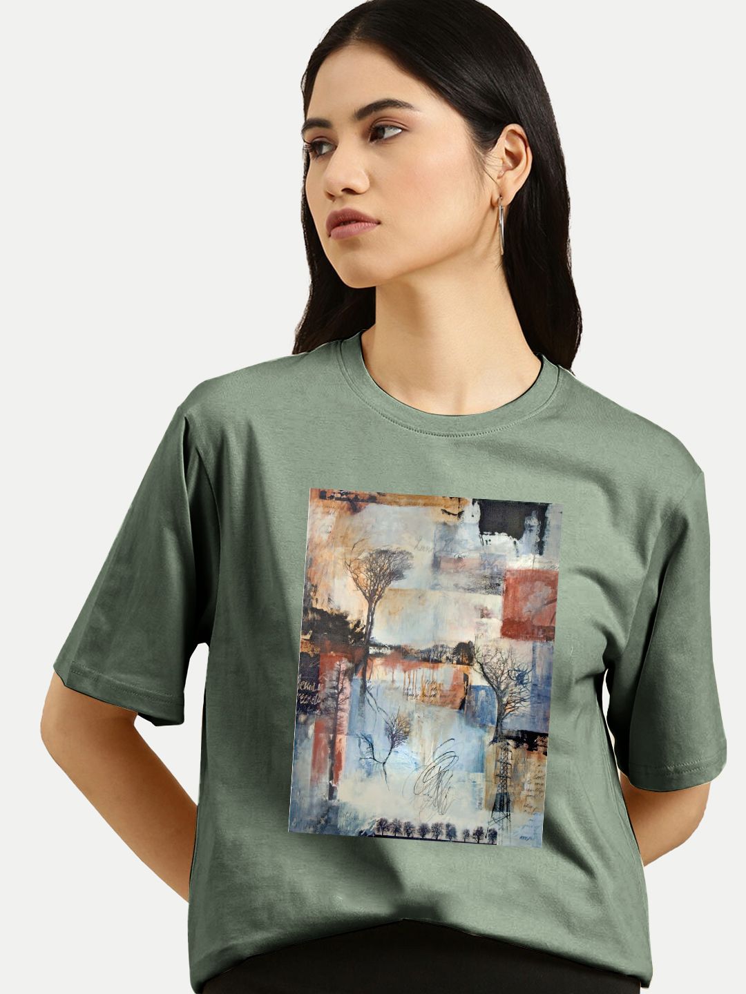 Women Olive Graphic Printed T- Shirts