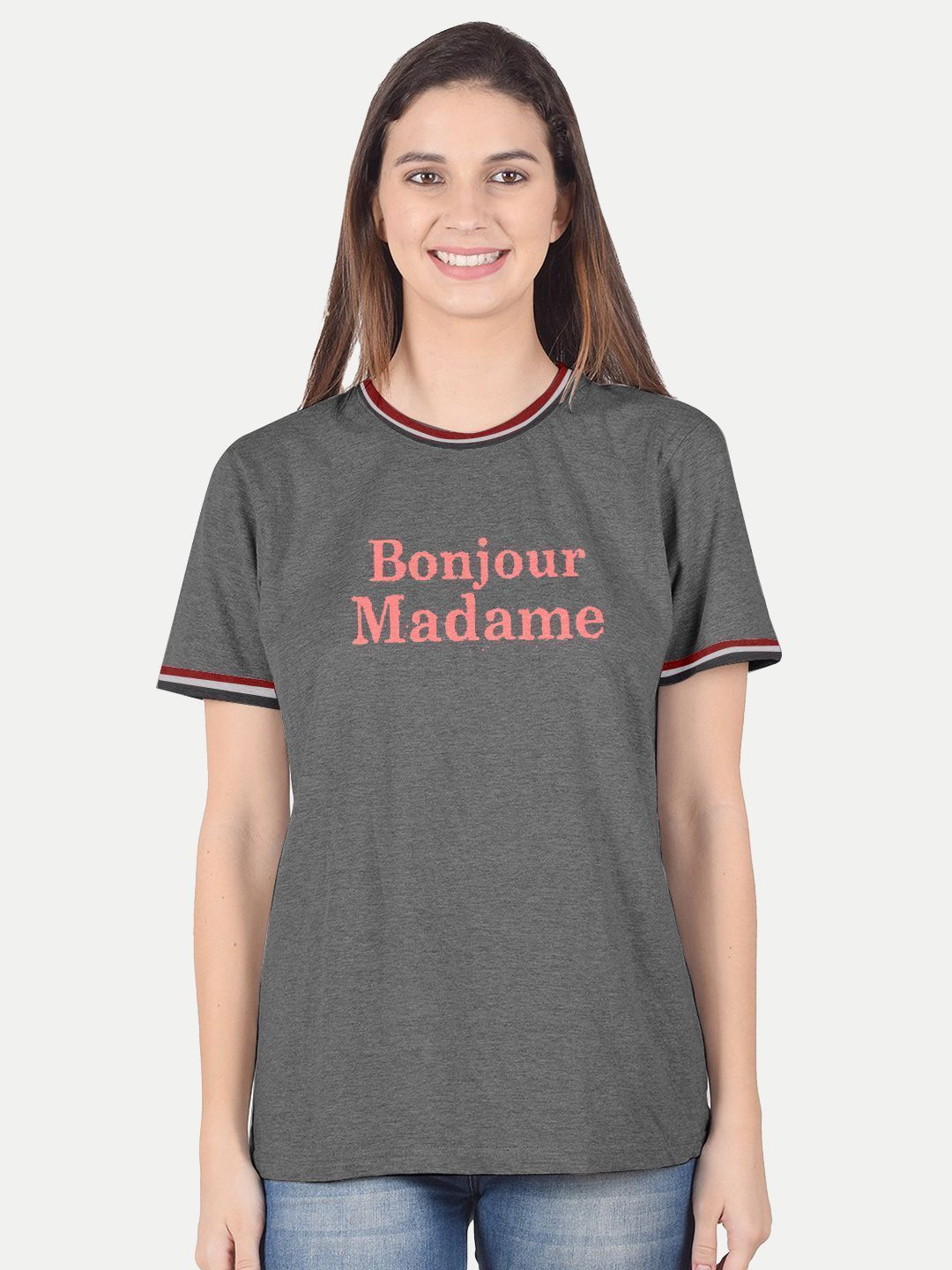 Women Dark Grey Printed Ringer T- Shirts