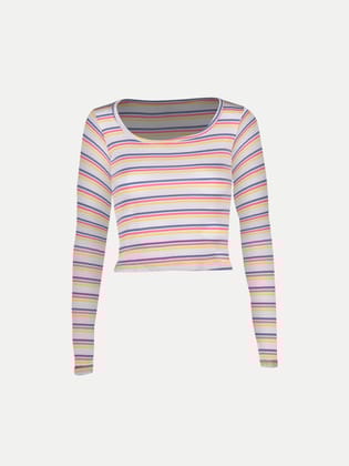Women Pink Striped cropped Full Sleeve T shirts