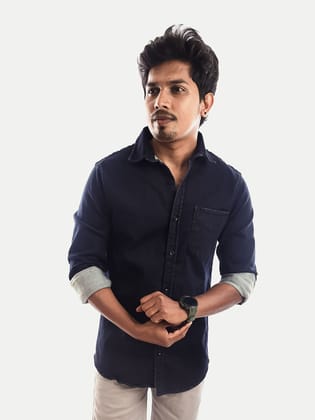 Men Dark Blue Washed Full Sleeves Denim Shirt