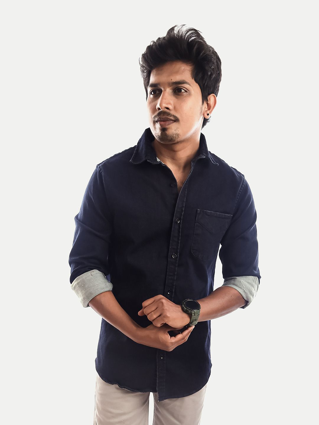 Men Dark Blue Washed Full Sleeves Denim Shirt