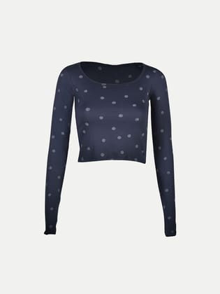 Women French Blue All Over Printed cropped Full Sleeve T shirts