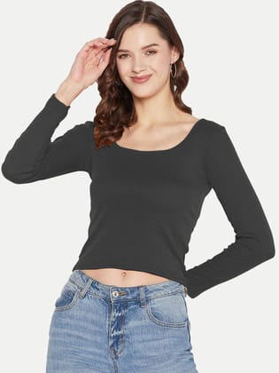 Women Black Knitted Ribbed Full Sleeve Tops