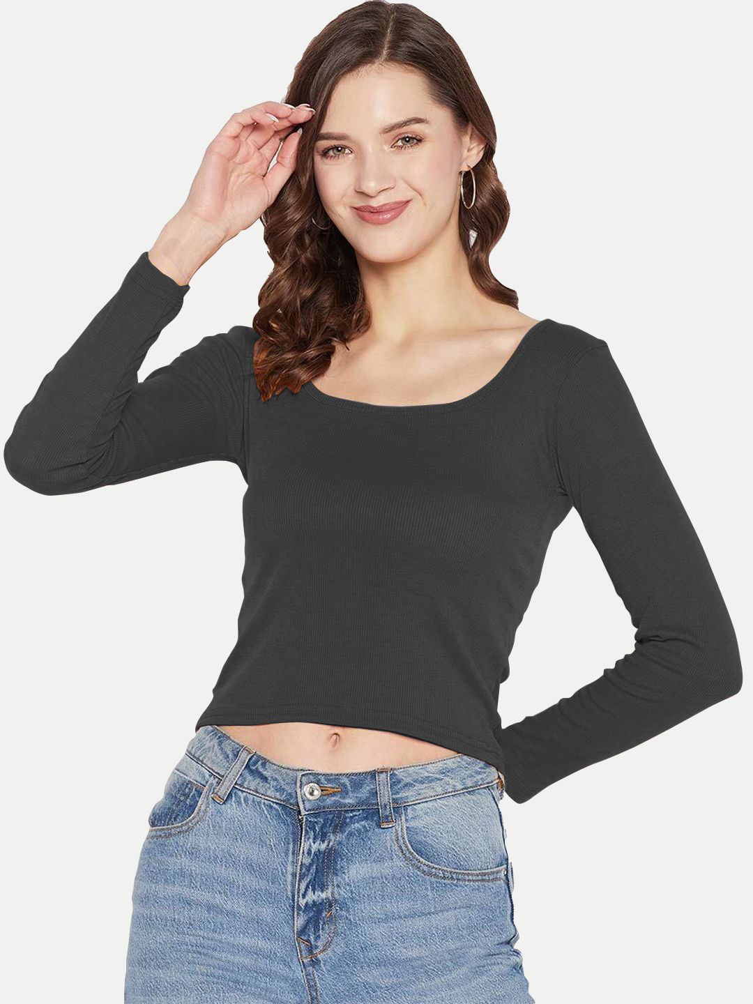 Women Black Knitted Ribbed Full Sleeve Tops