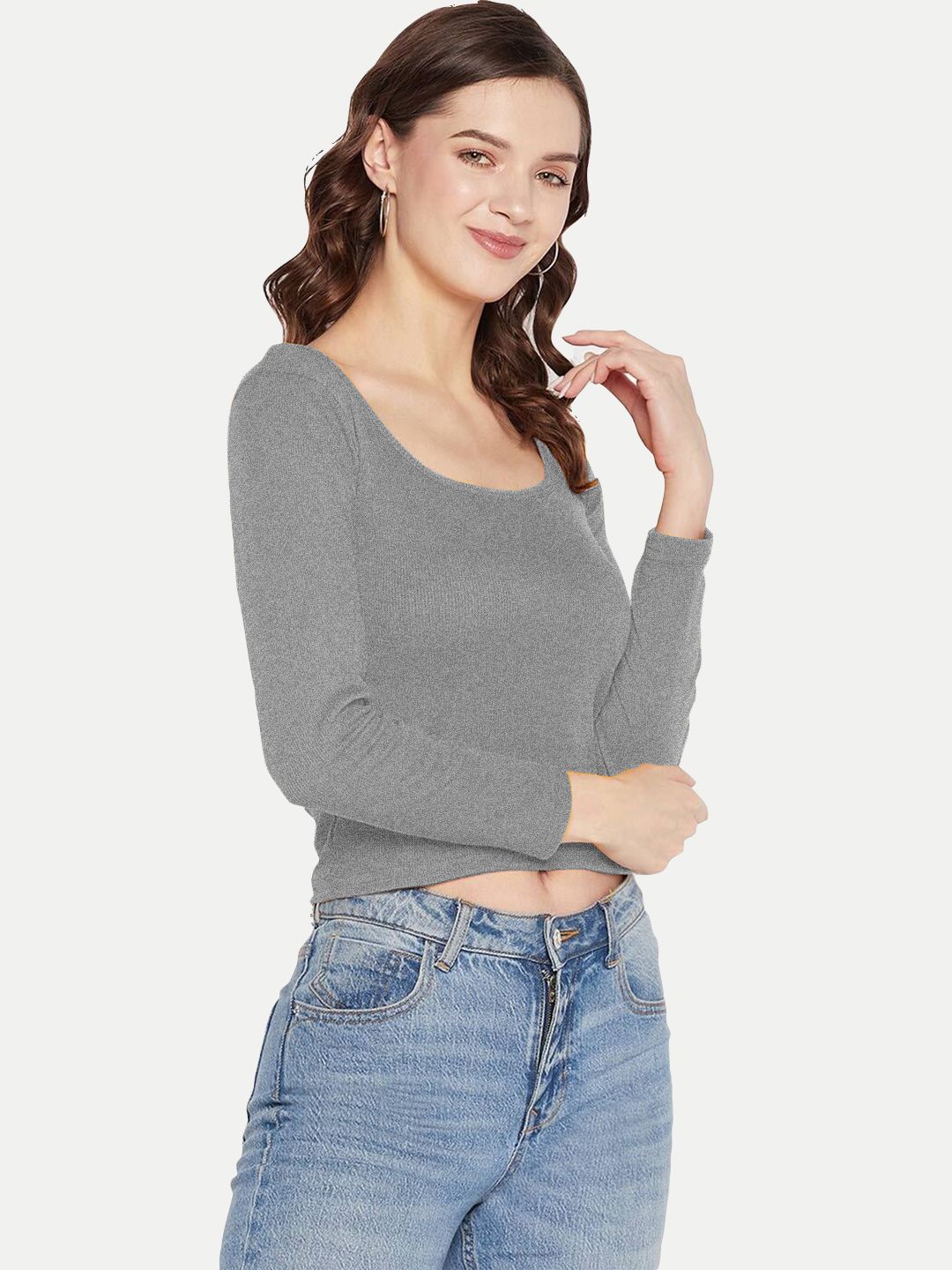 Women Grey Melange Knitted Ribbed Full Sleeve Tops
