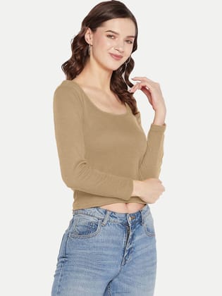 Women Blue Ribbed Front Cut Out Full Sleeve Top