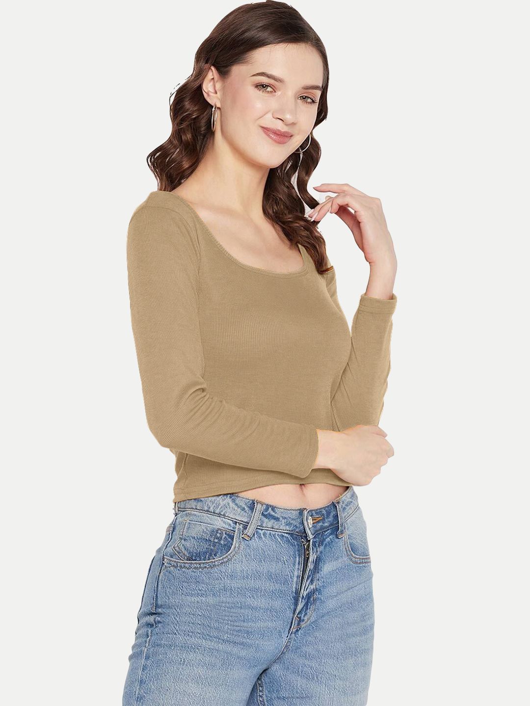 Women Blue Ribbed Front Cut Out Full Sleeve Top