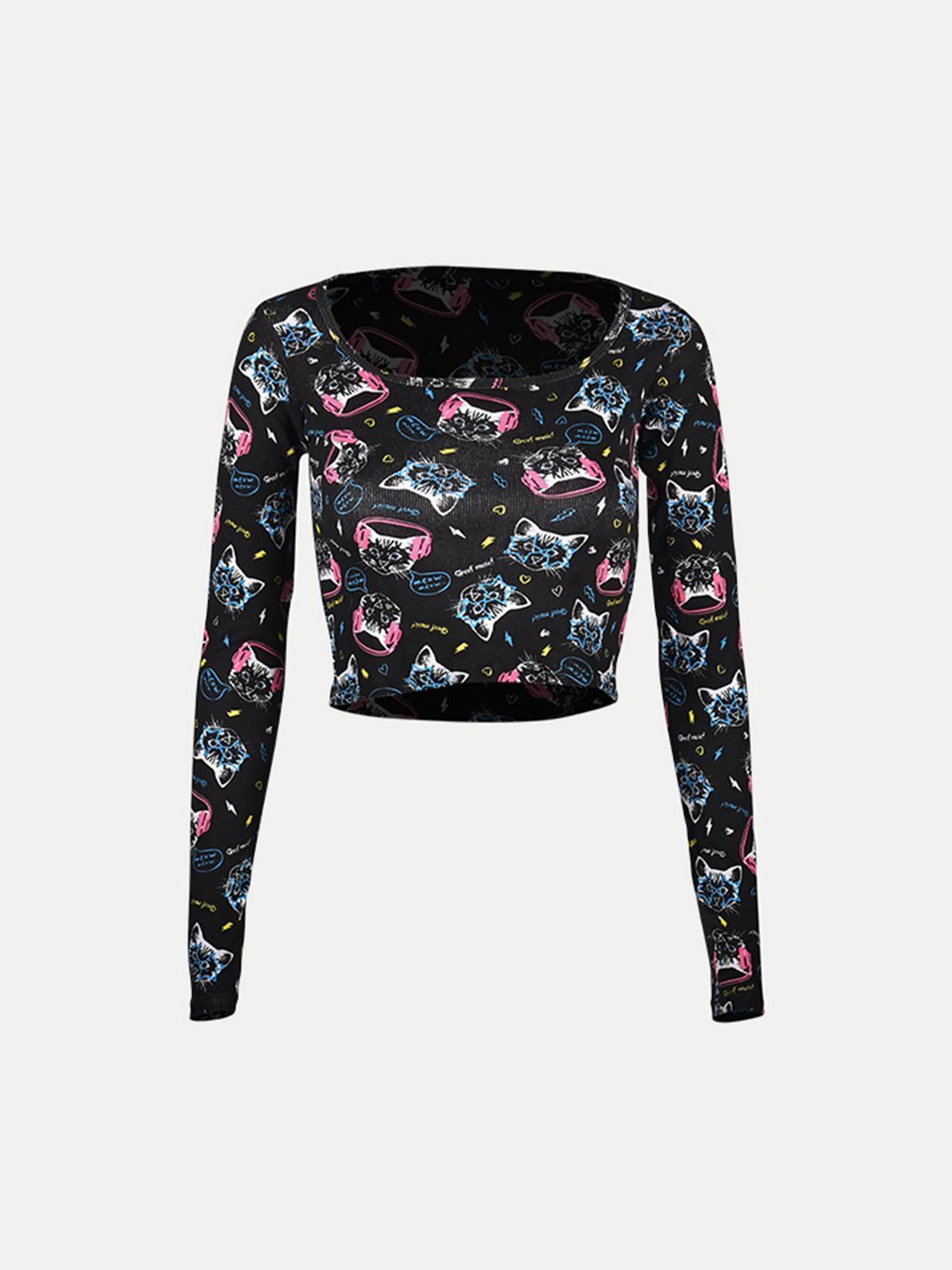 Women Black All Over Printed cropped Full Sleeve T shirts