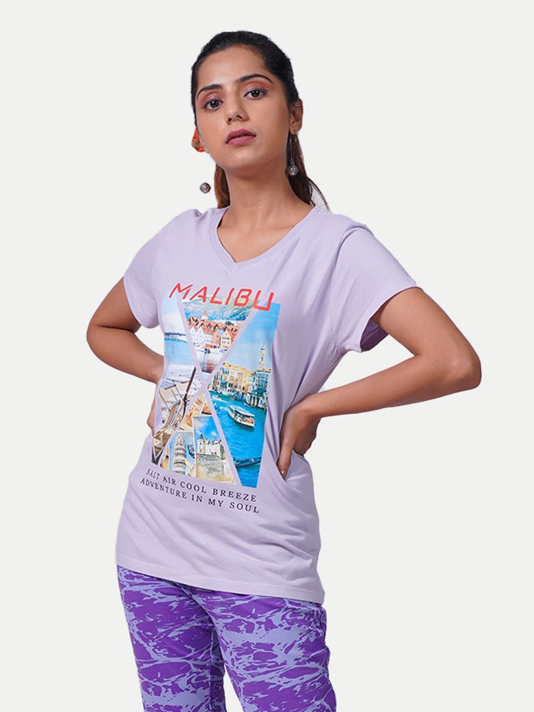 Women Printed Tees Malibu- Lilac Colour