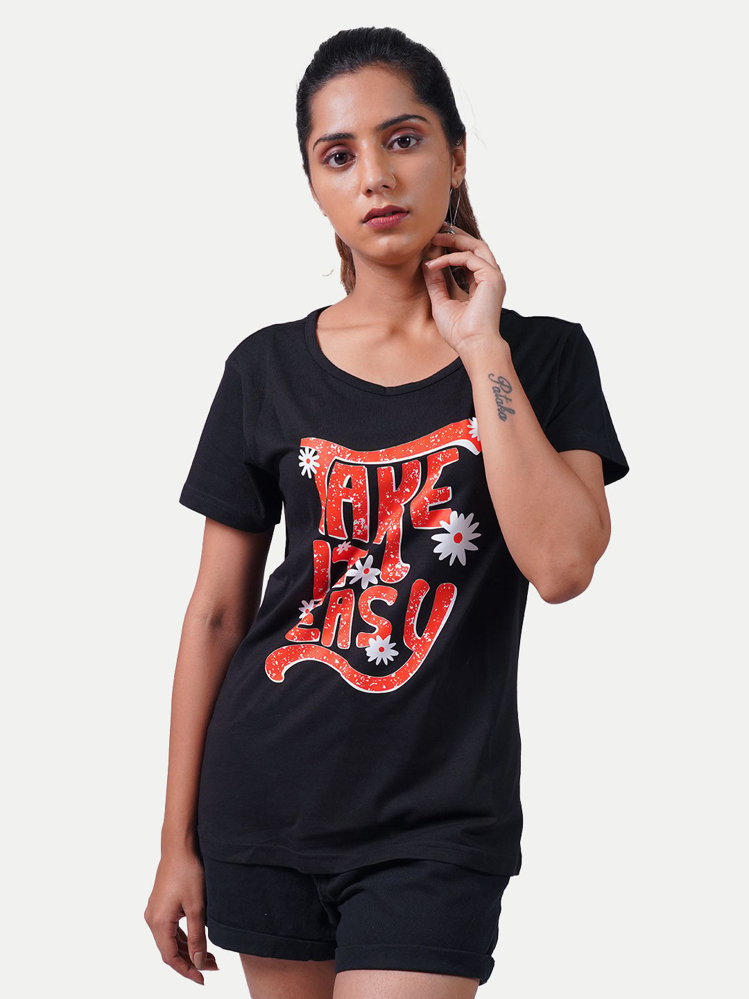 Women Black Printed Crew Neck T-shirt