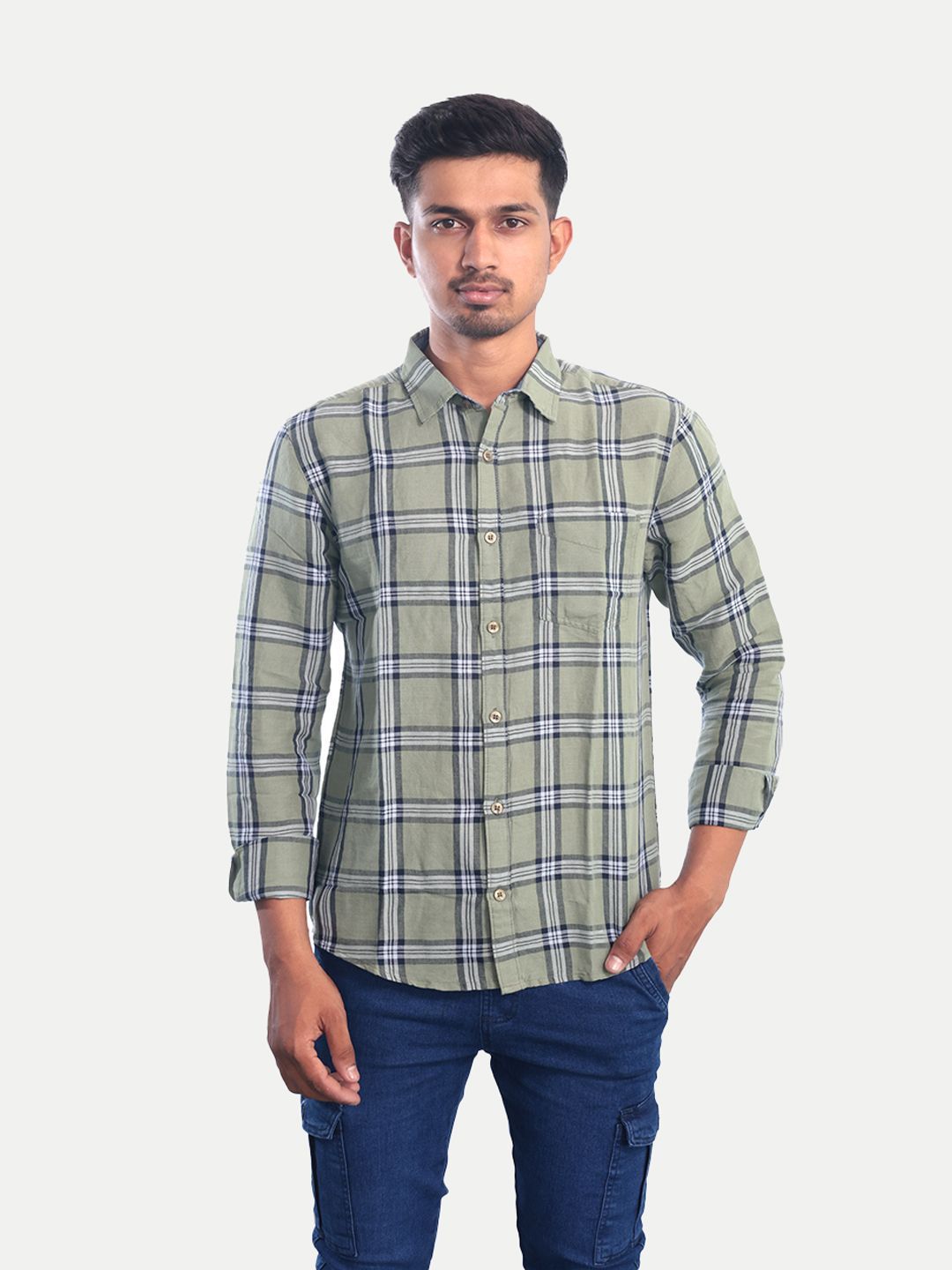 Men Light Grey Checked Regular Fit Casual cotton Shirt