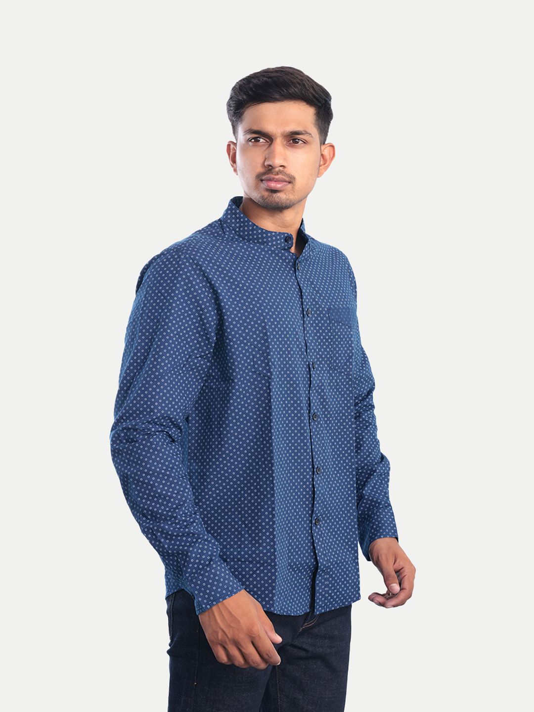 Men Printed Blue Mandarin Collar Casual Shirt