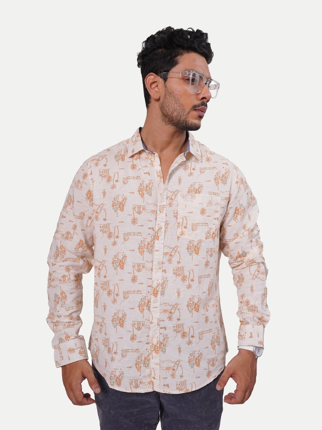 Men All-Over Cream Linen Tropical beach Printed Shirt