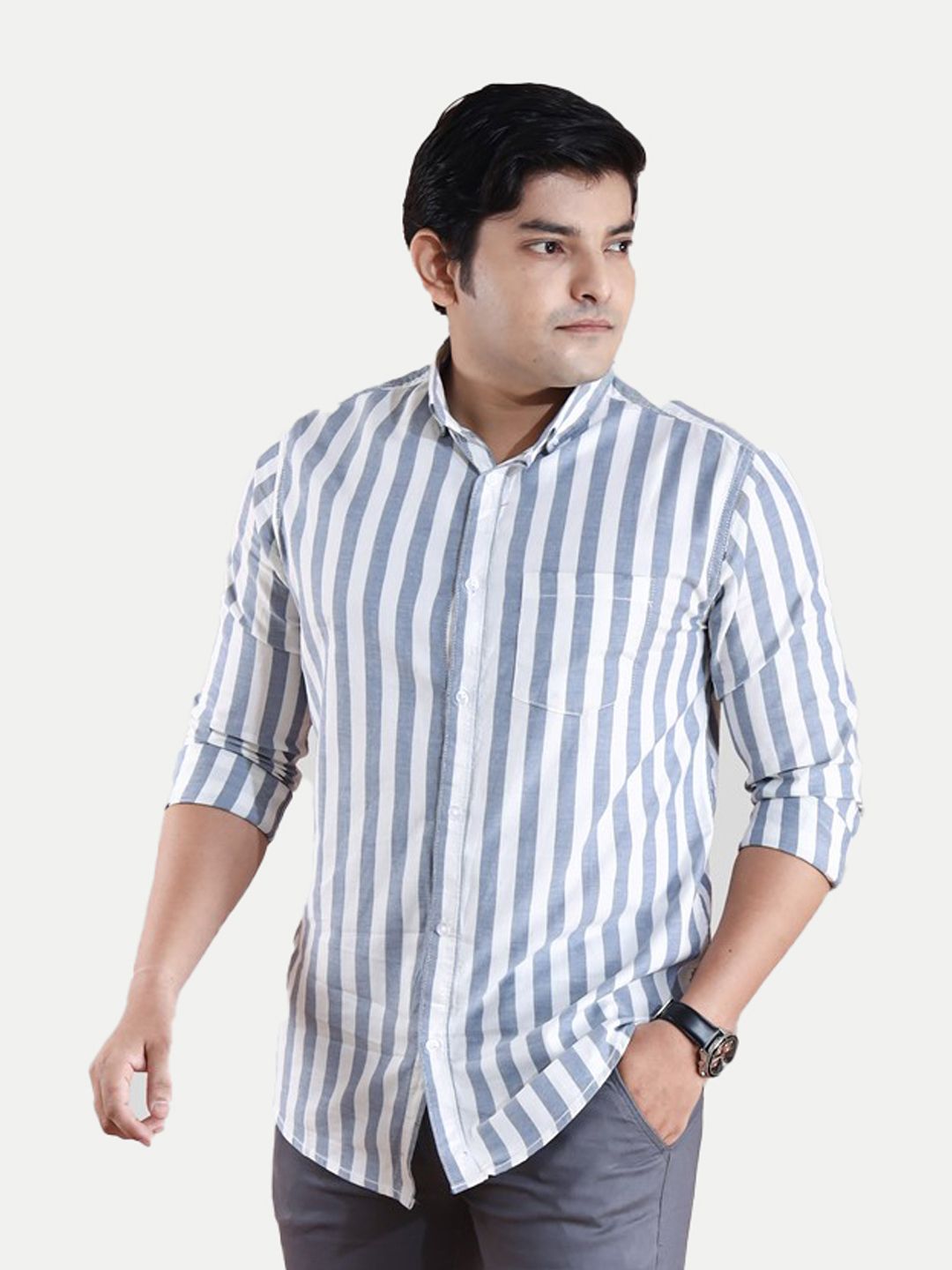 Men All-Over Grey Striped regular Cotton Shirt