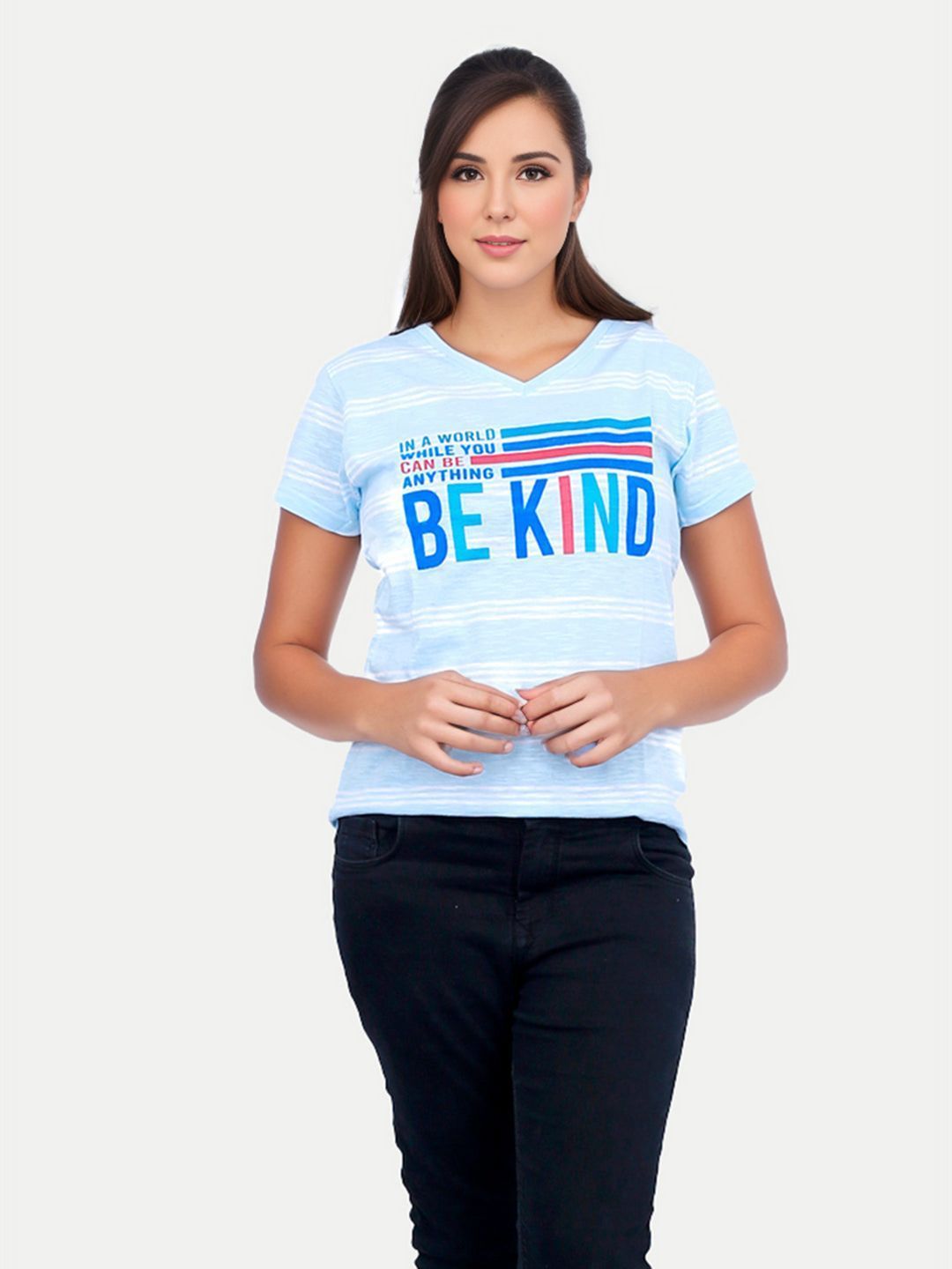 Women Light Blue Striped Half Sleeve V Neck Printed T-shirt