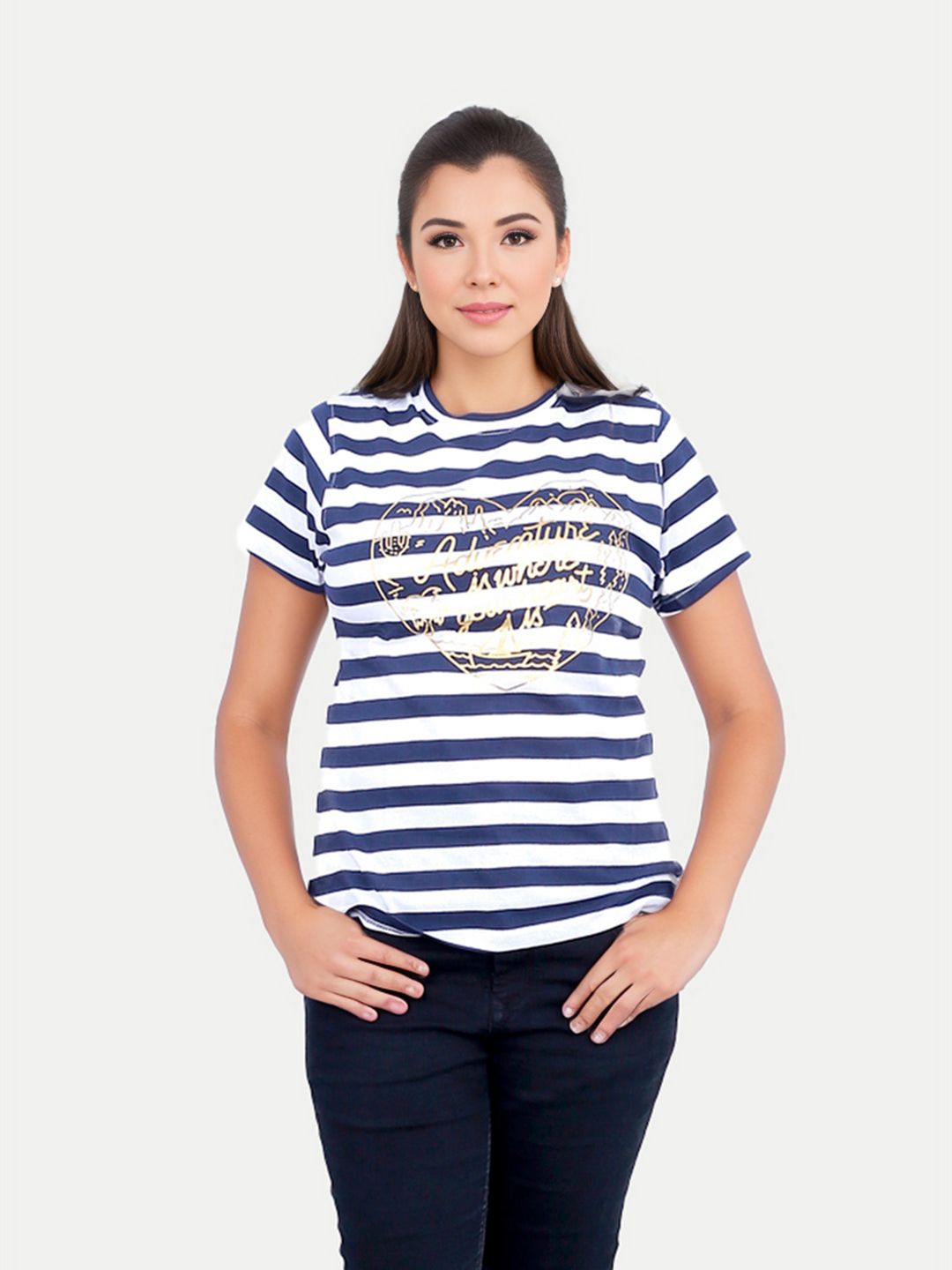 Women Blue Striped Printed T-shirt