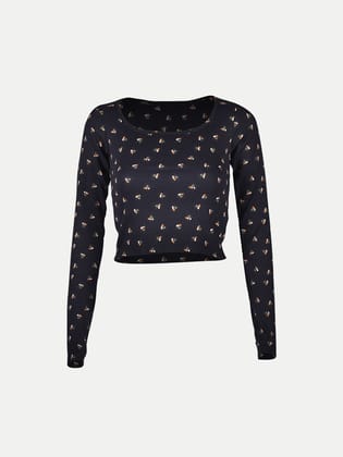 Women Navy All Over Printed cropped Full Sleeve T shirts