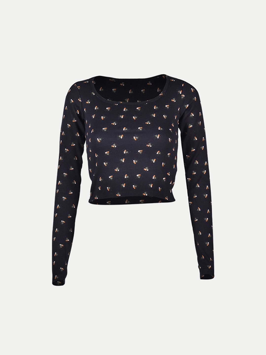 Women Navy All Over Printed cropped Full Sleeve T shirts