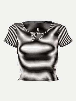 Women Striped Black Ribbed Keyhole Crop Top