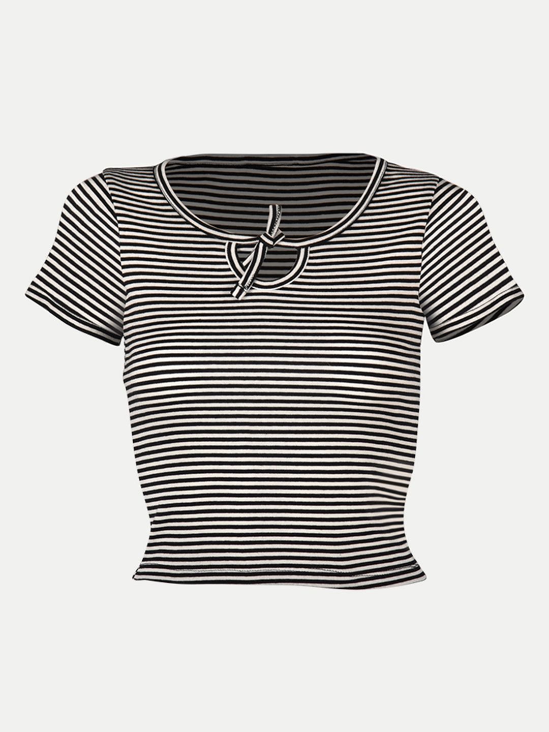 Women Striped Black Ribbed Keyhole Crop Top