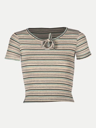 Women Striped Grey Ribbed Keyhole Crop Top