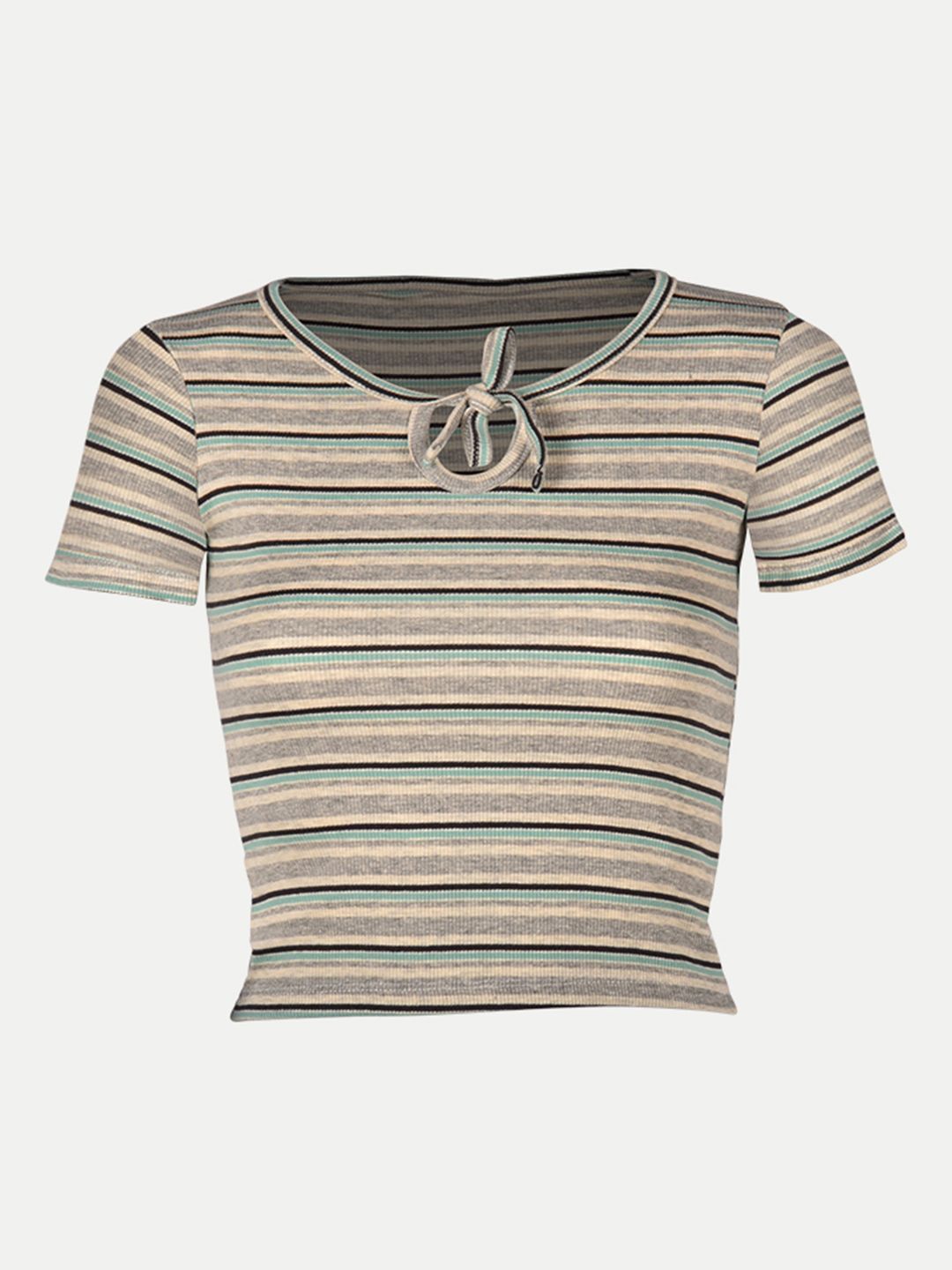 Women Striped Grey Ribbed Keyhole Crop Top