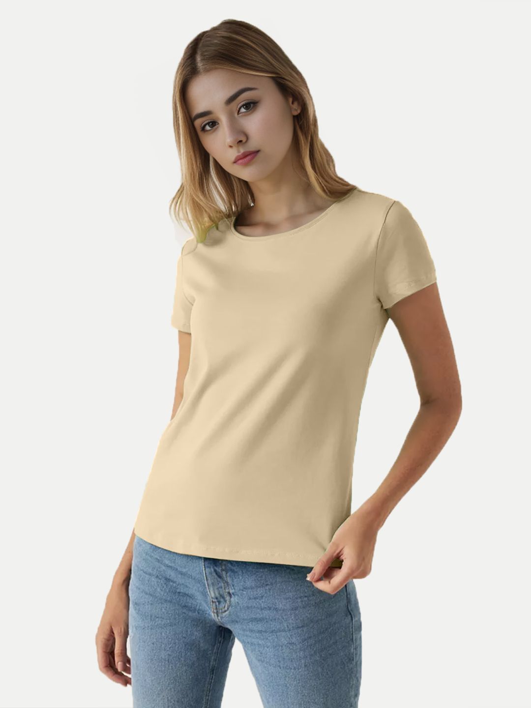 Women Beige Solid Half Sleeve T-shirt