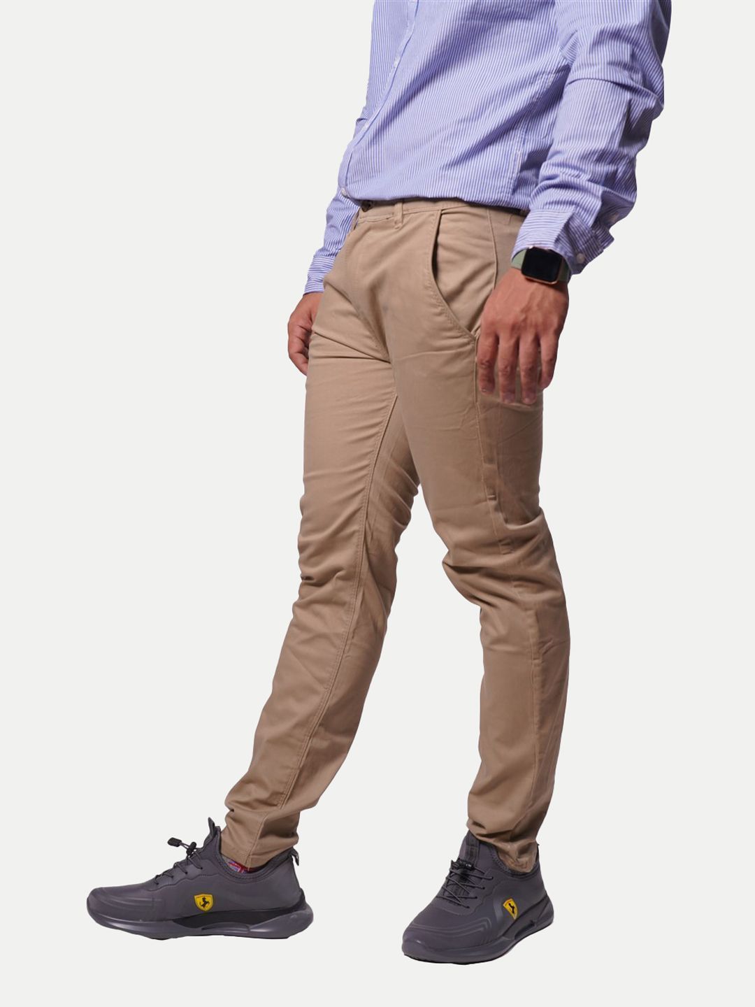 Mens Beige Solid Chinos Trousers