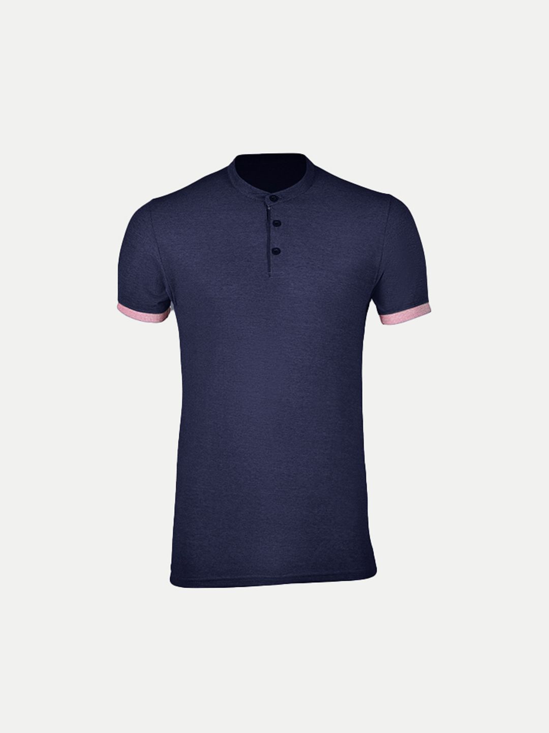 Men Navy Henley Neck Tee with Contrast Sleeve