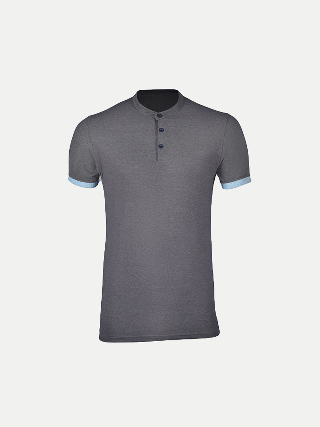 Men Dark Grey Henley Neck Tee with Contrast Sleeve