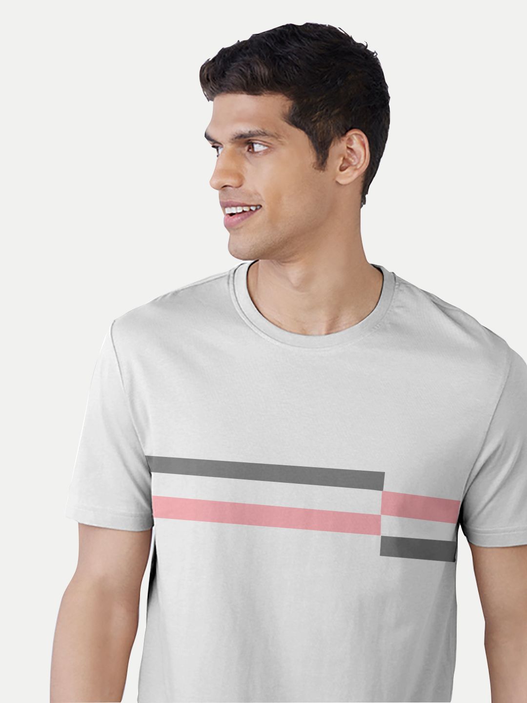 Men Light Grey Cotton Slim Fit Printed Crew Neck T-shirt