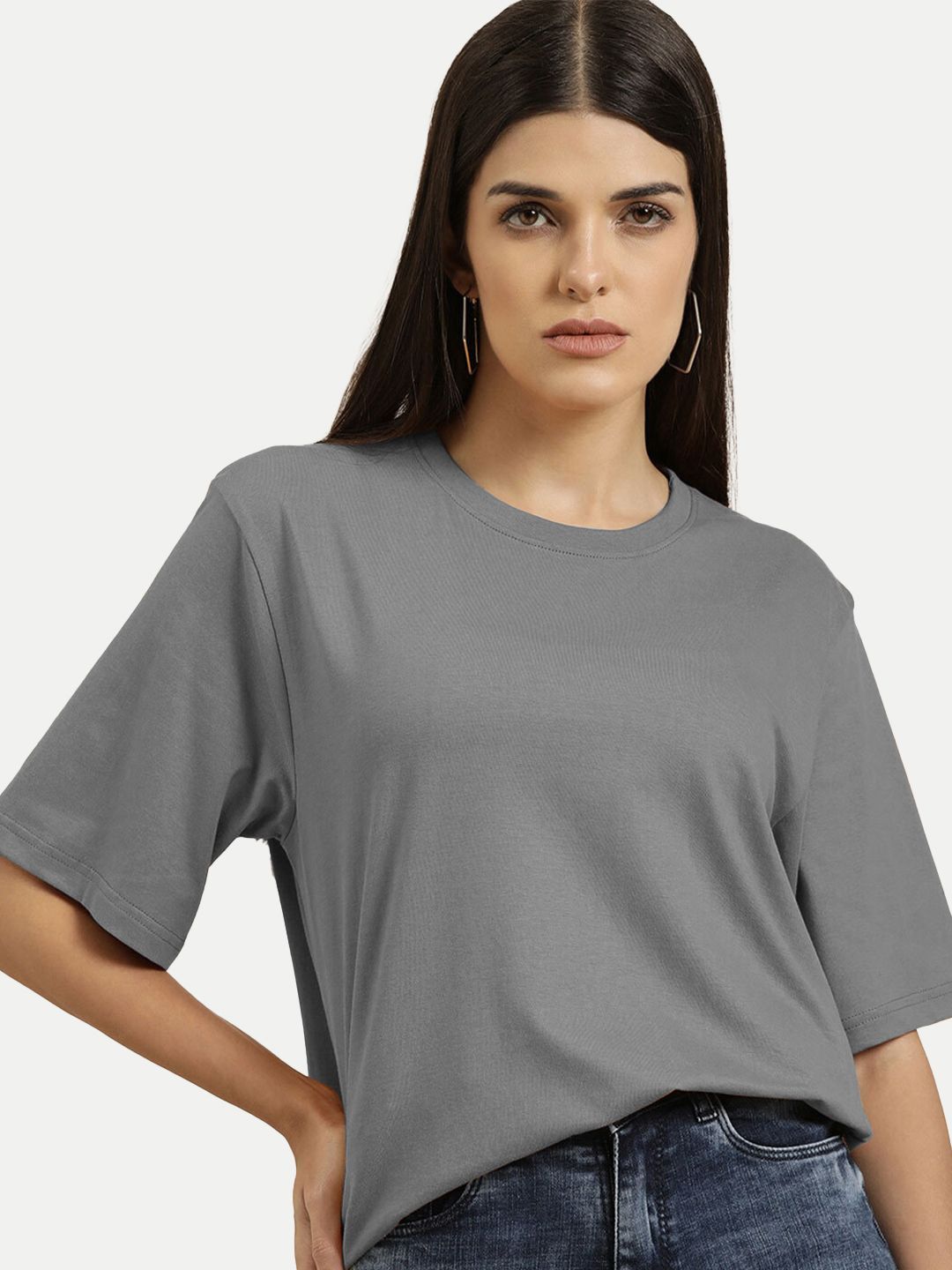 Women Basic Dark Grey Crew Neck T-shirt