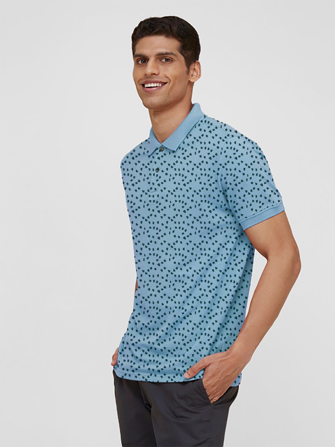 Men Light Blue Ditsy printed Polo T-shirt