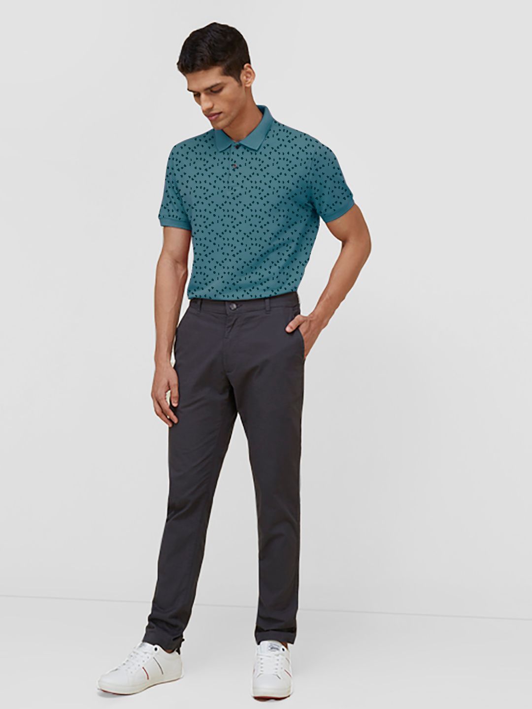 Men Teal Ditsy printed Polo T-shirt