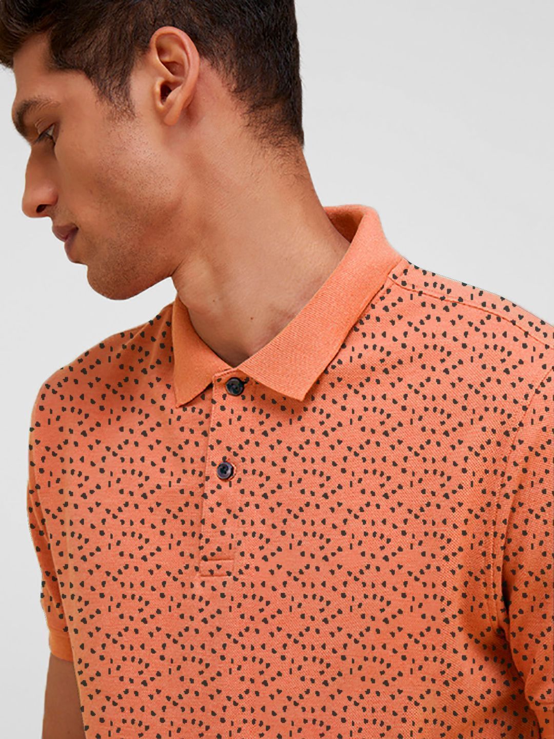 Mens Orange Cotton All Over Print Polo T Shirt