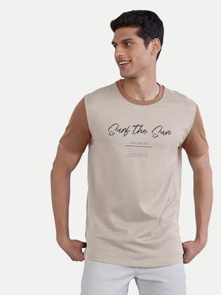 Men Cream Brown Typographic Printed Cotton Ringer T-shirt