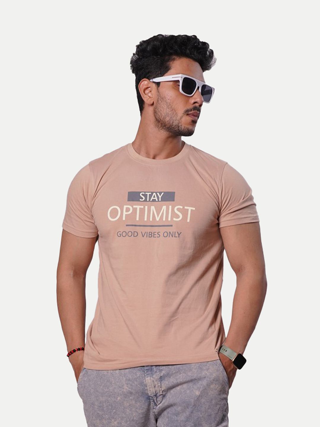Mens Stay Optimist Printed Tees- Pink Colour