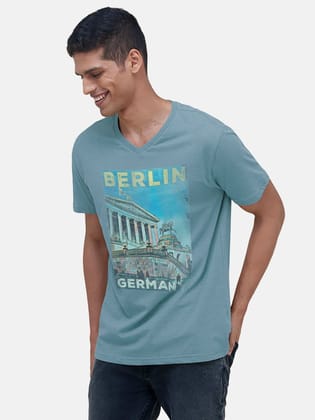 Men Teal Digital Printed Cotton T-shirt