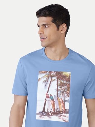 Men Sky Blue Digital Printed Cotton T-shirt