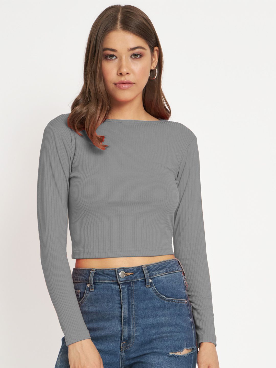 Women Dark Grey cropped Full Sleeve T shirts