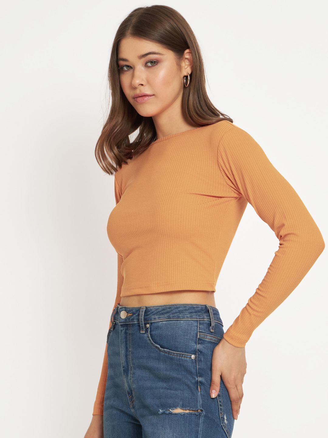 Women Light Orange cropped Full Sleeve T shirts