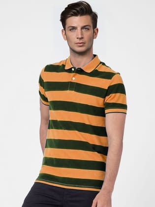 Men Orange and Black thick Stripes regular fit Polo T-Shirt