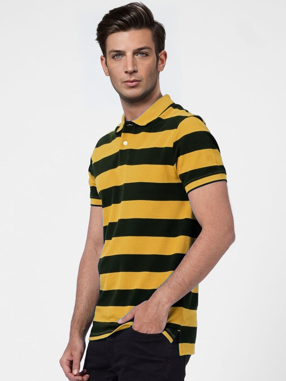 Men Mango and Black thick Stripes regular fit Polo T-Shirt