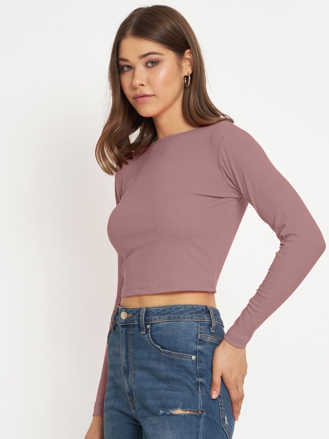 Women Dusty Rose cropped Full Sleeve T shirts