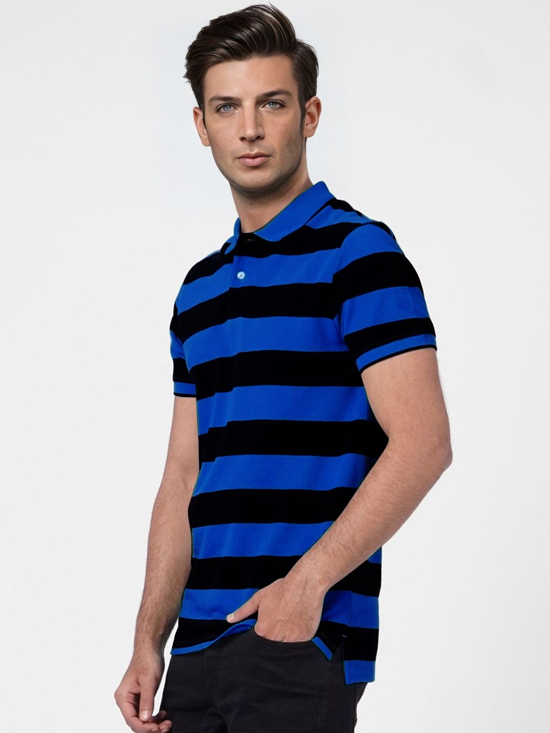 Men Royal Blue and Black thick Stripes regular fit Polo T-Shirt