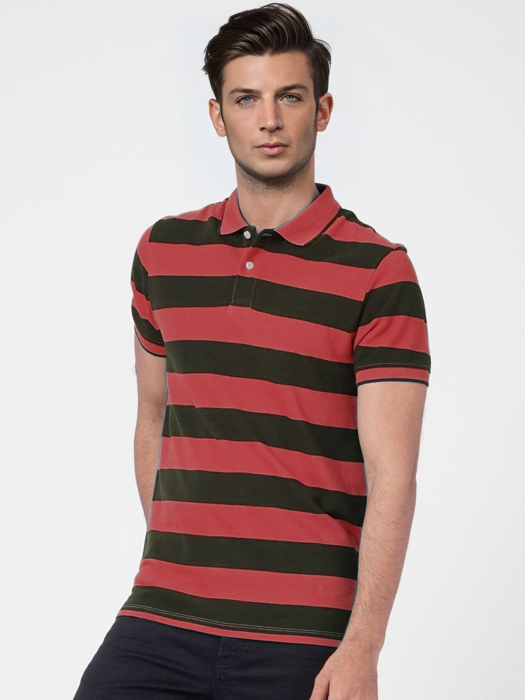 Men Red and Black thick Stripes regular fit Polo T-Shirt